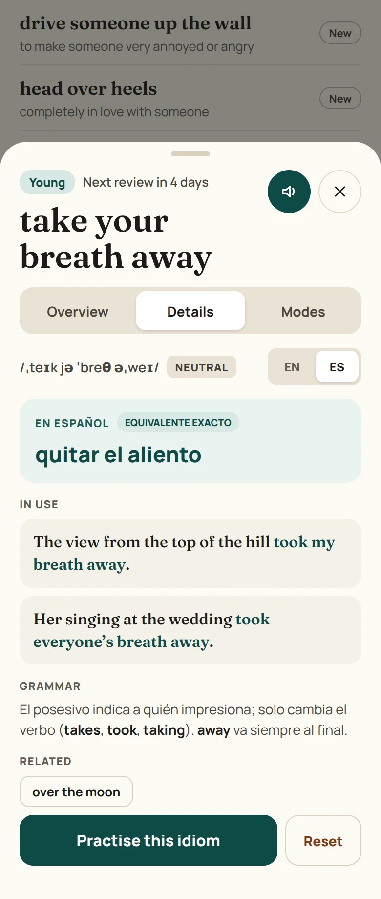 English Idioms: tarjeta de un modismo con su equivalente en español