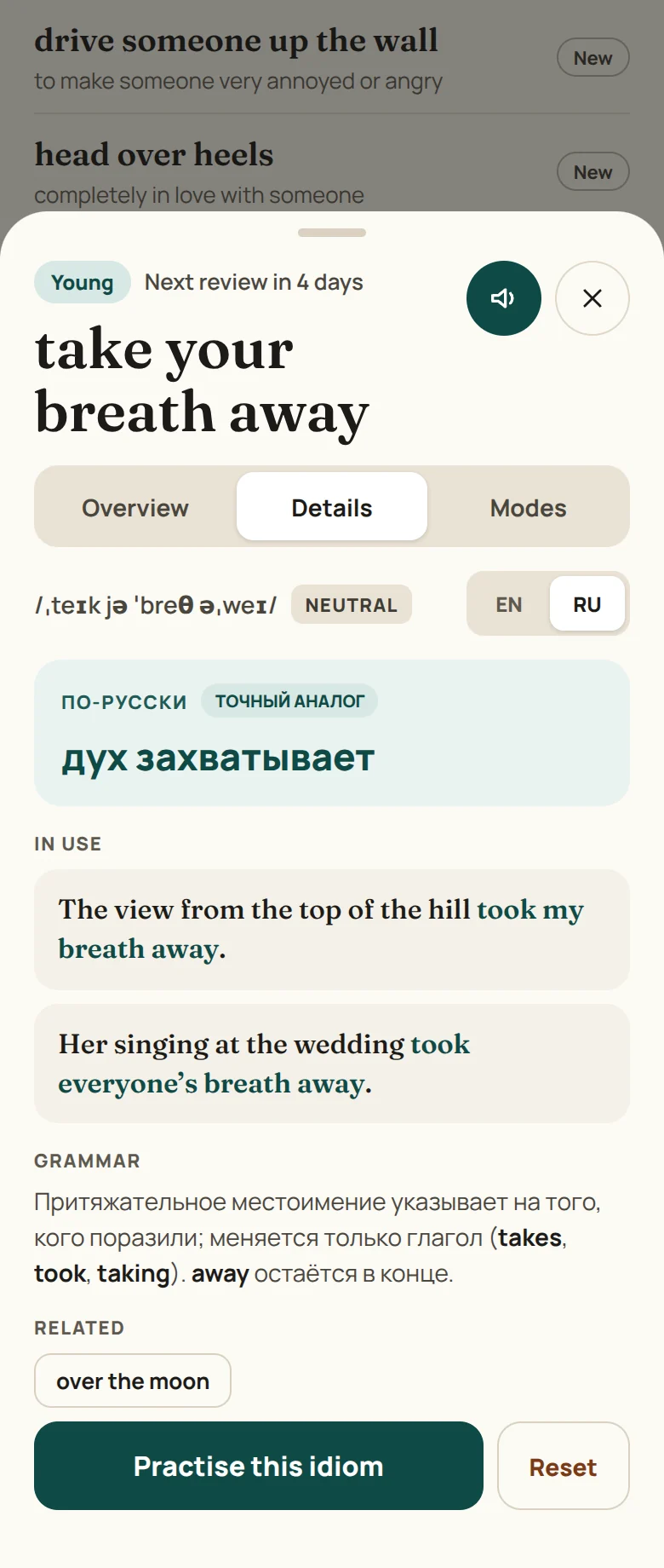 English Idioms: an idiom card with its equivalent