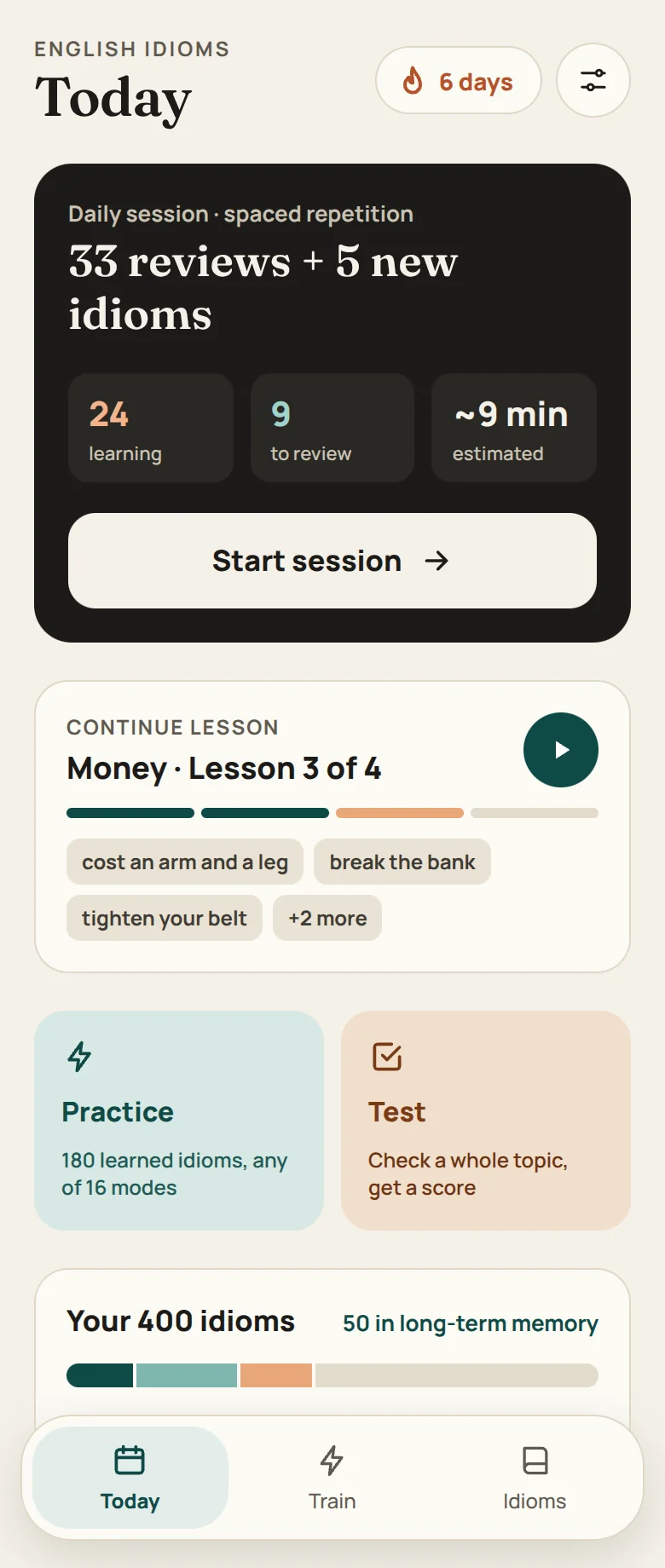 English Idioms: the Today screen