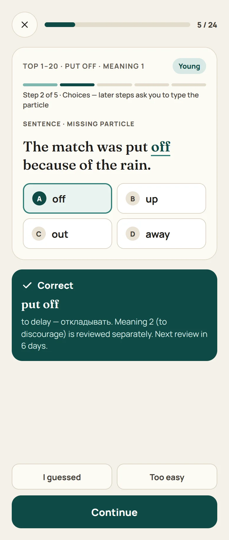 Phrasal Verbs: the review screen